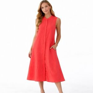 ZURI KENYA Dress Womens XL Linen Cotton Button Front Coral Pink Sleeveless MIDI